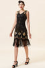Load image into Gallery viewer, Black and Golden Sequins Fringes 1920s Gatsby Flapper Dress with 20s Accessories Set