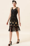 Black and Golden Sequins Fringes 1920s Gatsby Flapper Dress with 20s Accessories Set