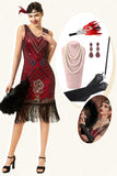 Burgundy Sequined Fringes 1920s Gatsby Flapper Dress with 20s Accessories Set