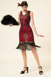 Burgundy Sequined Fringes 1920s Gatsby Flapper Dress with 20s Accessories Set