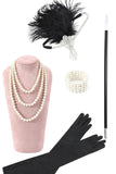 Black and Silver Sequined Fringes 1920s Gatsby Flapper Dress with 20s Accessories Set