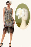 Apricot and Golden Sequined Fringes 1920s Gatsby Flapper Dress with 20s Accessories Set