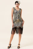 Apricot and Golden Sequined Fringes 1920s Gatsby Flapper Dress with 20s Accessories Set