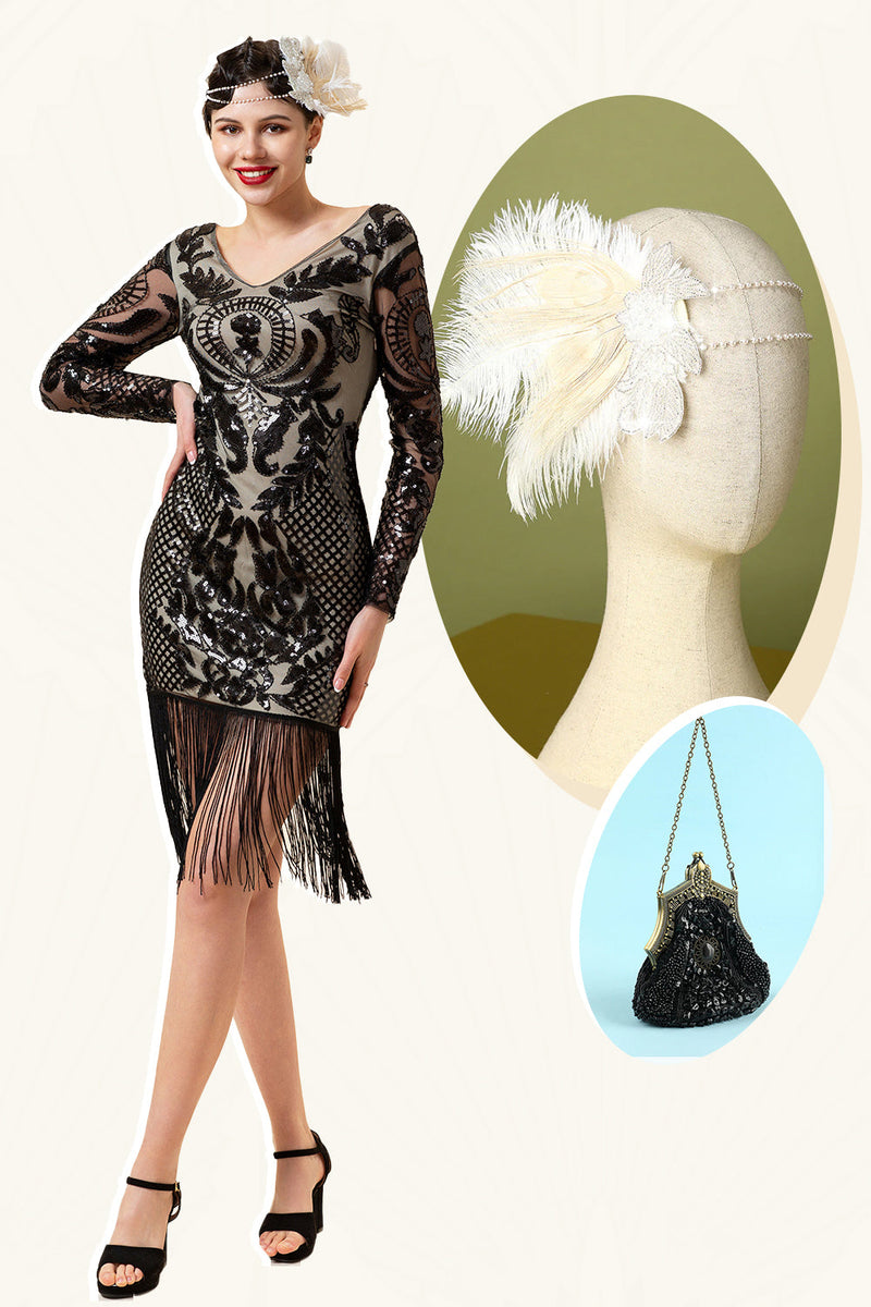 Load image into Gallery viewer, Black Long Sleeves Sequined Fringes 1920s Gatsby Flapper Dress with 20s Accessories Set