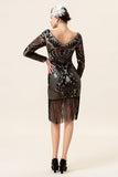 Black Long Sleeves Sequined Fringes 1920s Gatsby Flapper Dress with 20s Accessories Set