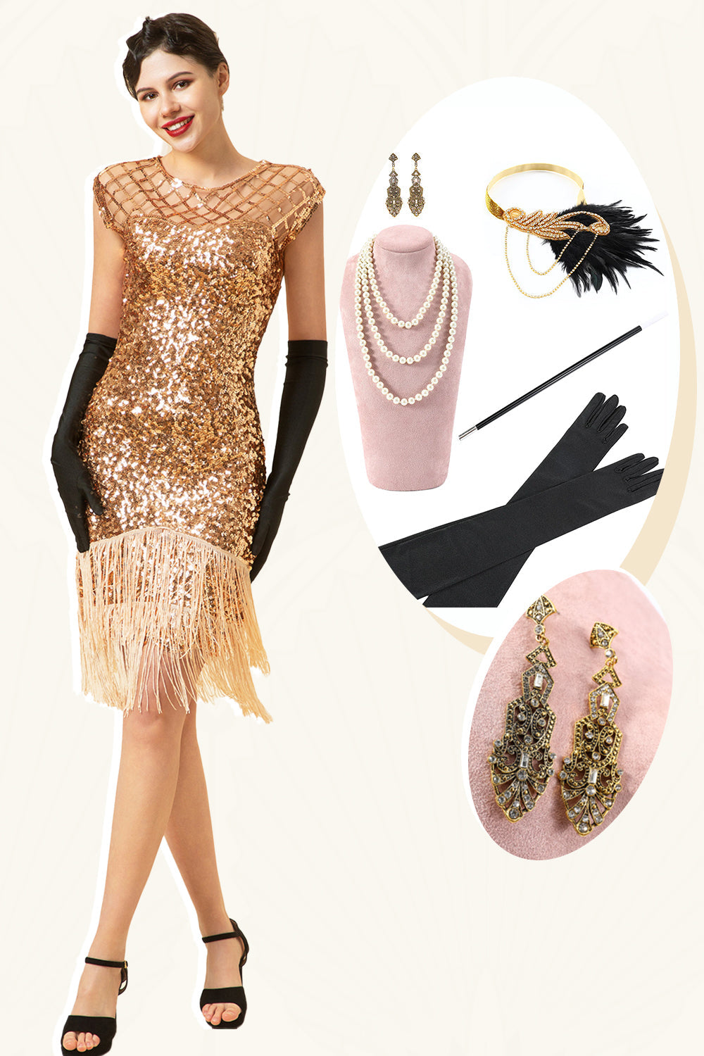 Pink Cap Sleeves Sequined Fringes 1920s Gatsby Flapper Dress with 20s Accessories Set