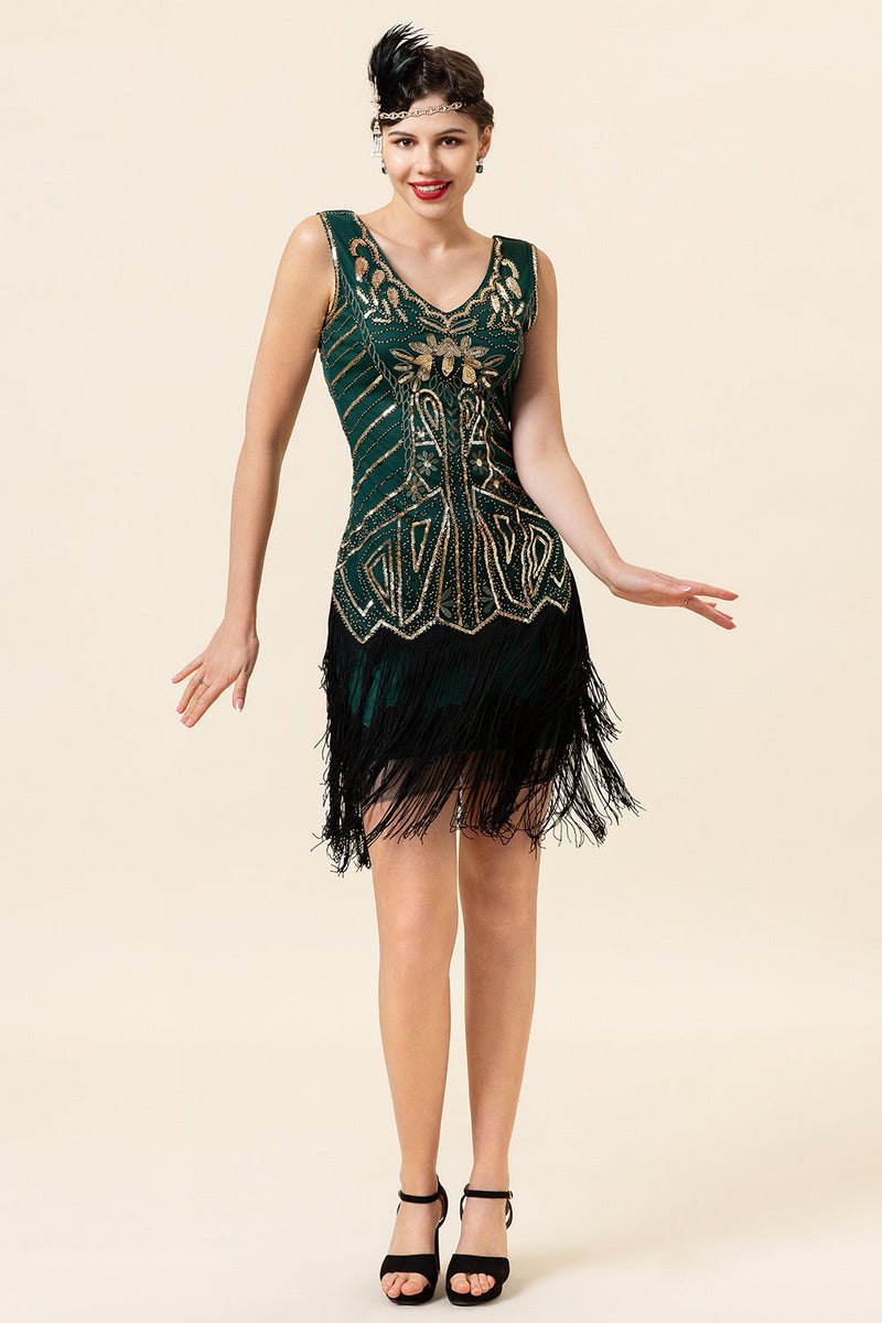 Load image into Gallery viewer, Dark Green Sequined Fringes 1920s Gatsby Flapper Dress with 20s Accessories Set