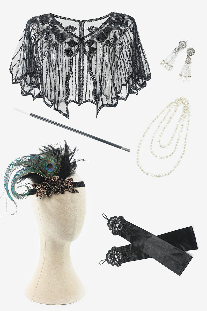 Load image into Gallery viewer, Dark Green Sequined Fringes 1920s Gatsby Flapper Dress with 20s Accessories Set