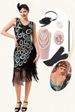 Black and Blue Sequined Fringes 1920s Gatsby Flapper Dress with 20s Accessories Set