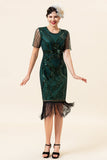 Dark Green Short Sleeves Sequined Fringes 1920s Gatsby Flapper Dress with 20s Accessories Set