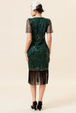 Dark Green Short Sleeves Sequined Fringes 1920s Gatsby Flapper Dress with 20s Accessories Set