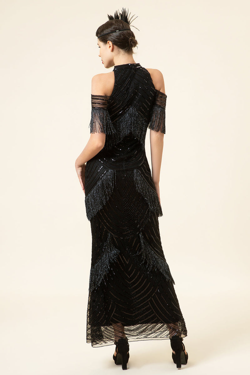 Load image into Gallery viewer, Black Sequined Fringes Long 1920s Gatsby Flapper Dress with 20s Accessories Set