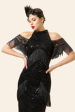 Black Sequined Fringes Long 1920s Gatsby Flapper Dress with 20s Accessories Set