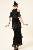 Black Sequined Fringes Long 1920s Gatsby Flapper Dress with 20s Accessories Set