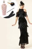 Black Sequined Fringes Long 1920s Gatsby Flapper Dress with 20s Accessories Set