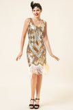 Golden and Silver Sequined Fringes 1920s Gatsby Flapper Dress with 20s Accessories Set