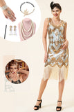 Golden and Silver Sequined Fringes 1920s Gatsby Flapper Dress with 20s Accessories Set