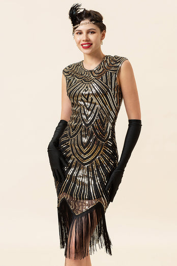 Black and Golden Cap Sleeves Sequined Fringes 1920s Gatsby Flapper Party Dress with 20s Accessories Set