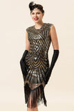 Black and Golden Cap Sleeves Sequined Fringes 1920s Gatsby Flapper Party Dress with 20s Accessories Set