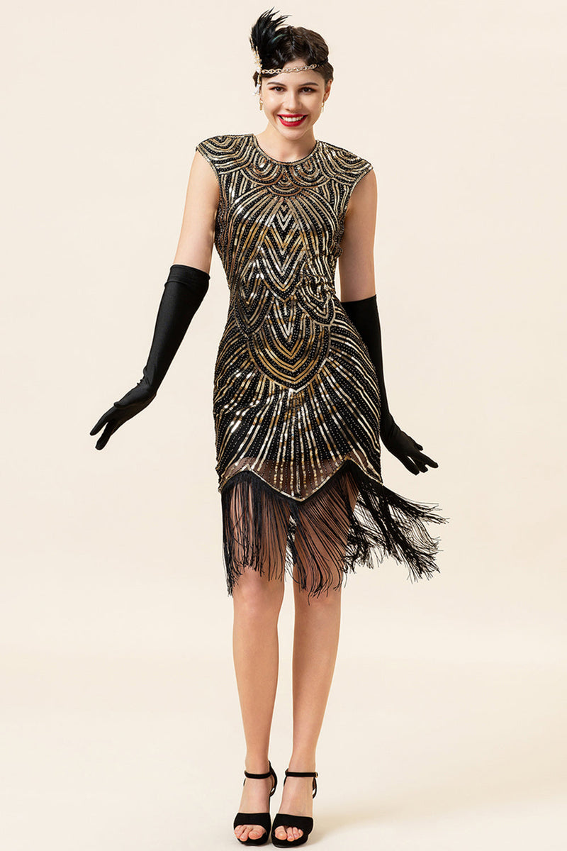 Load image into Gallery viewer, Black and Golden Cap Sleeves Sequined Fringes 1920s Gatsby Flapper Party Dress with 20s Accessories Set