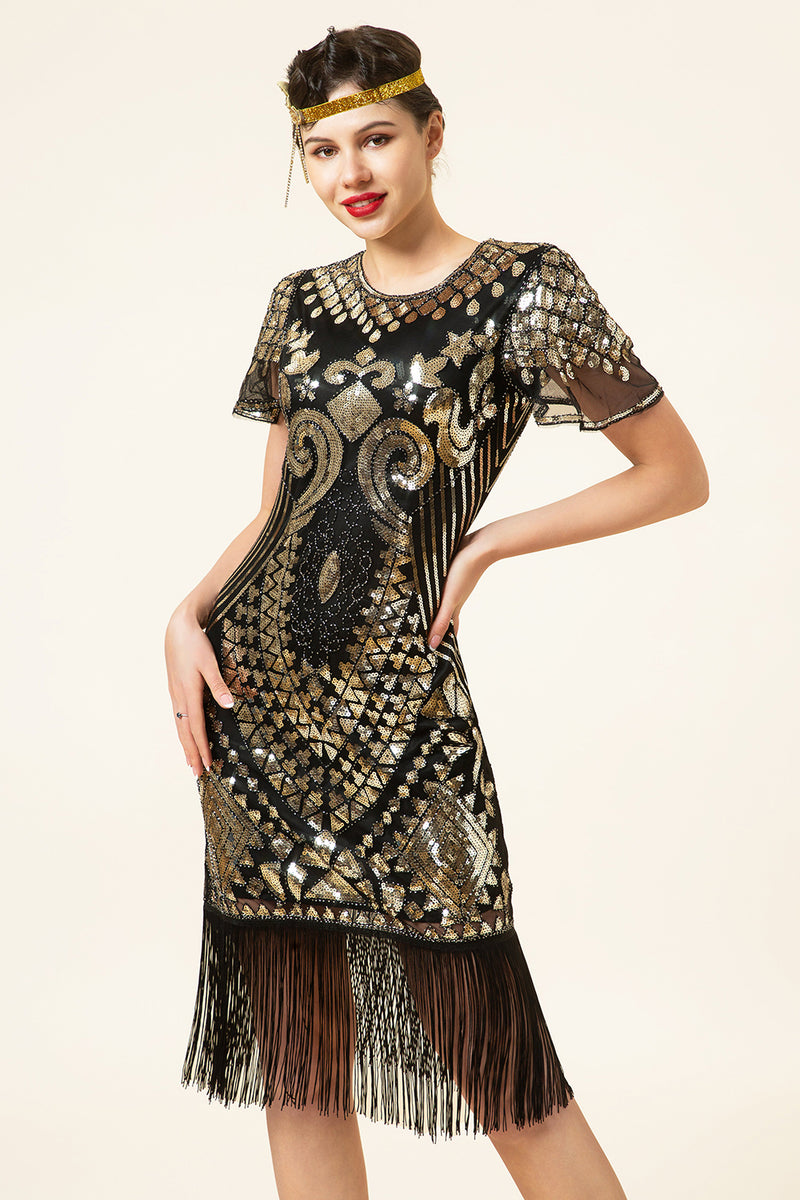 Load image into Gallery viewer, Black and Golden Cap Sleeves Sequined Fringes 1920s Gatsby Flapper Dress with 20s Accessories Set