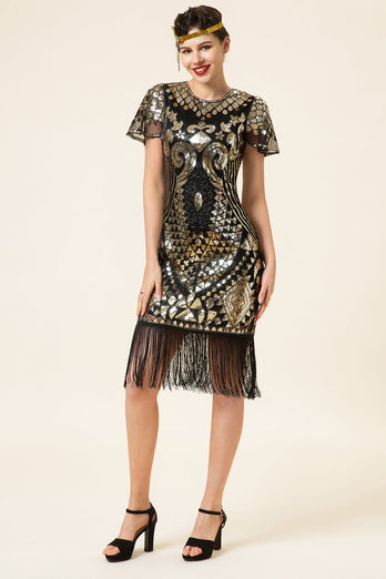 Black and Golden Cap Sleeves Sequined Fringes 1920s Gatsby Flapper Dress with 20s Accessories Set