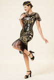 Black and Golden Cap Sleeves Sequined Fringes 1920s Gatsby Flapper Dress with 20s Accessories Set