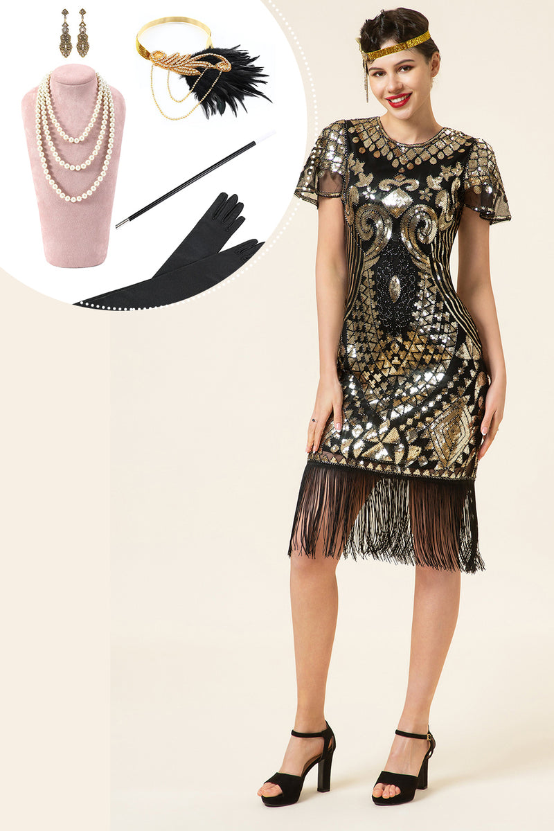 Load image into Gallery viewer, Black and Golden Cap Sleeves Sequined Fringes 1920s Gatsby Flapper Dress with 20s Accessories Set