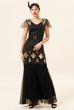 Black and Golden Cap Sleeves Sequined Long 1920s Gatsby Flapper Dress with 20s Accessories Set