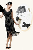 Black Sequined 1920s Gatsby Flapper Party Dress with 20s Accessories Set