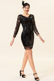 Black Sequined Long Sleeves 1920s Gatsby Flapper Party Dress with 20s Accessories Set