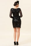 Black Sequined Long Sleeves 1920s Gatsby Flapper Party Dress with 20s Accessories Set