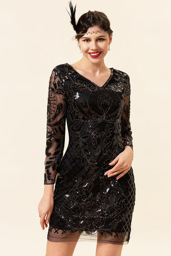 Black Sequined Long Sleeves 1920s Gatsby Flapper Party Dress with 20s Accessories Set