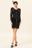 Black Sequined Long Sleeves 1920s Gatsby Flapper Party Dress with 20s Accessories Set