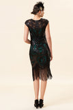 Black and Green Sequined Fringes 1920s Gatsby Flapper Party Dress with 20s Accessories Set