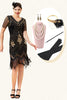 Load image into Gallery viewer, Black and Golden Short Sleeves Sequined Fringes 1920s Gatsby Flapper Dress with 20s Accessories Set