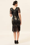 Black and Golden Short Sleeves Sequined Fringes 1920s Gatsby Flapper Dress with 20s Accessories Set