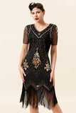 Black and Golden Short Sleeves Sequined Fringes 1920s Gatsby Flapper Dress with 20s Accessories Set