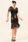 Black and Golden Short Sleeves Sequined Fringes 1920s Gatsby Flapper Dress with 20s Accessories Set