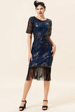 Navy Sequins Fringes Flapper Dress with 1920s Accessories Set