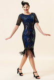 Navy Sequins Fringes Flapper Dress with 1920s Accessories Set