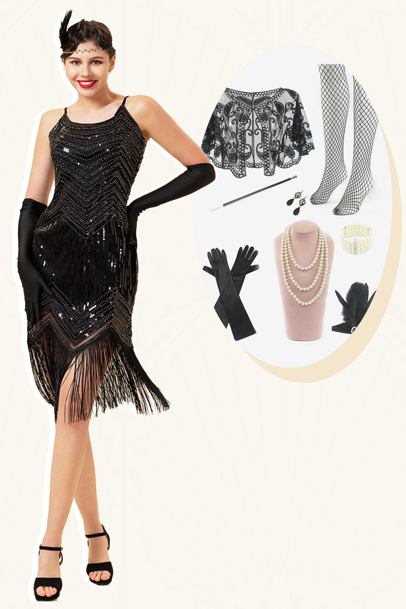 Load image into Gallery viewer, Spaghetti Straps Sequin Fringes Flapper Dress with 1920s Accessories Set