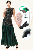 Green Beading Long Flapper Dress with 1920s Accessories Set