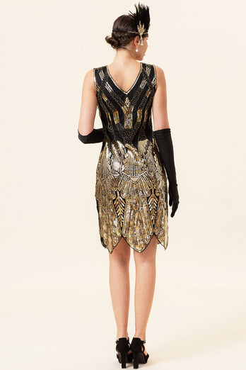 Golden Sequins Glitter Flapper Dress with 1920s Accessories Set