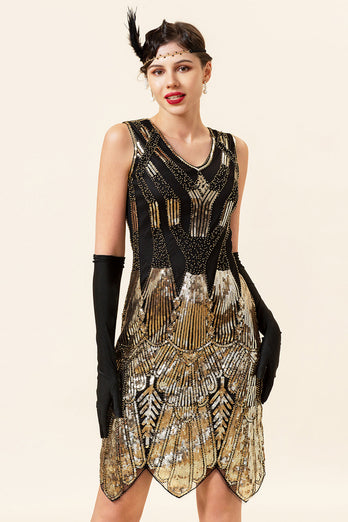 Golden Sequins Glitter Flapper Dress with 1920s Accessories Set
