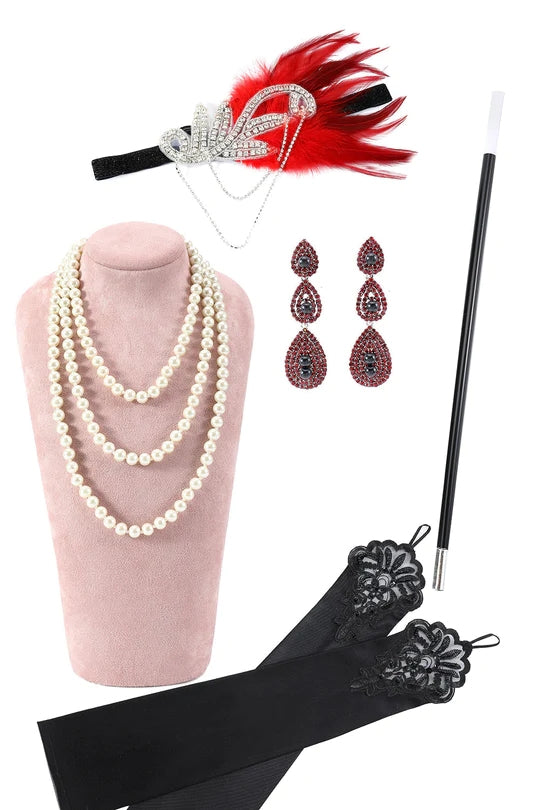 Load image into Gallery viewer, Red Sequins Fringes Flapper Dress with 20s Accessories Set