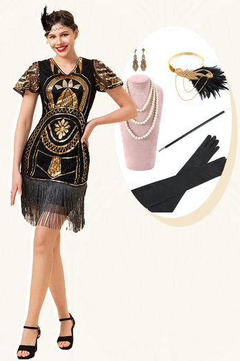Fringed Golden Sequins Flapper Dress with 20s Accessories Set