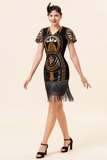Fringed Golden Sequins Flapper Dress with 20s Accessories Set