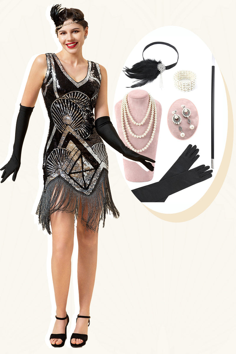 Load image into Gallery viewer, Silver Fringed Sequins Glitter Flapper Dress with 20s Accessories Set