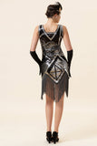 Silver Fringed Sequins Glitter Flapper Dress with 20s Accessories Set